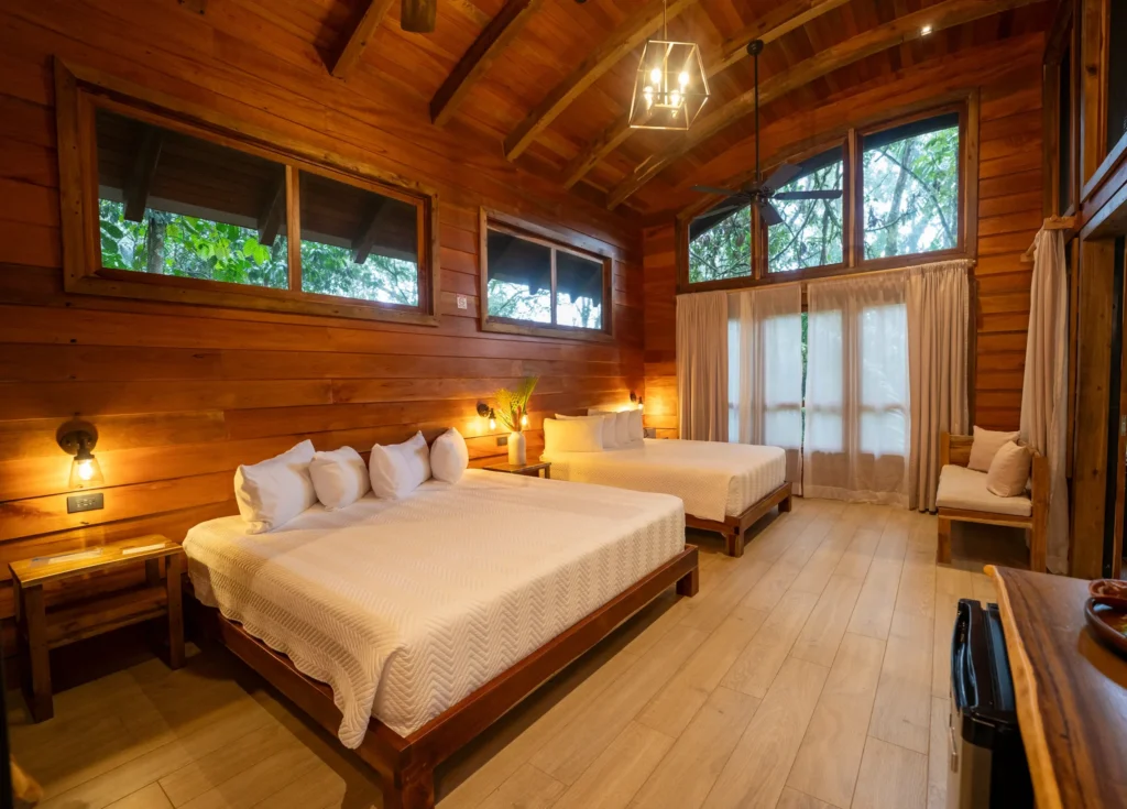 Wooden Deluxe Tree House room with forest views at Maquenque Lodge, Boca Tapada, Costa Rica.