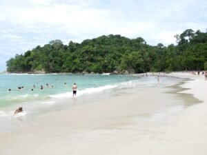 Pacific beach and coastal rainforest inside Manuel Antonio National Park, Costa Rica.