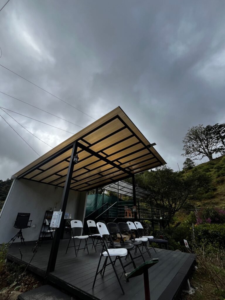 Covered bird observation area at Feathers Garden in San Gerardo de Dota.